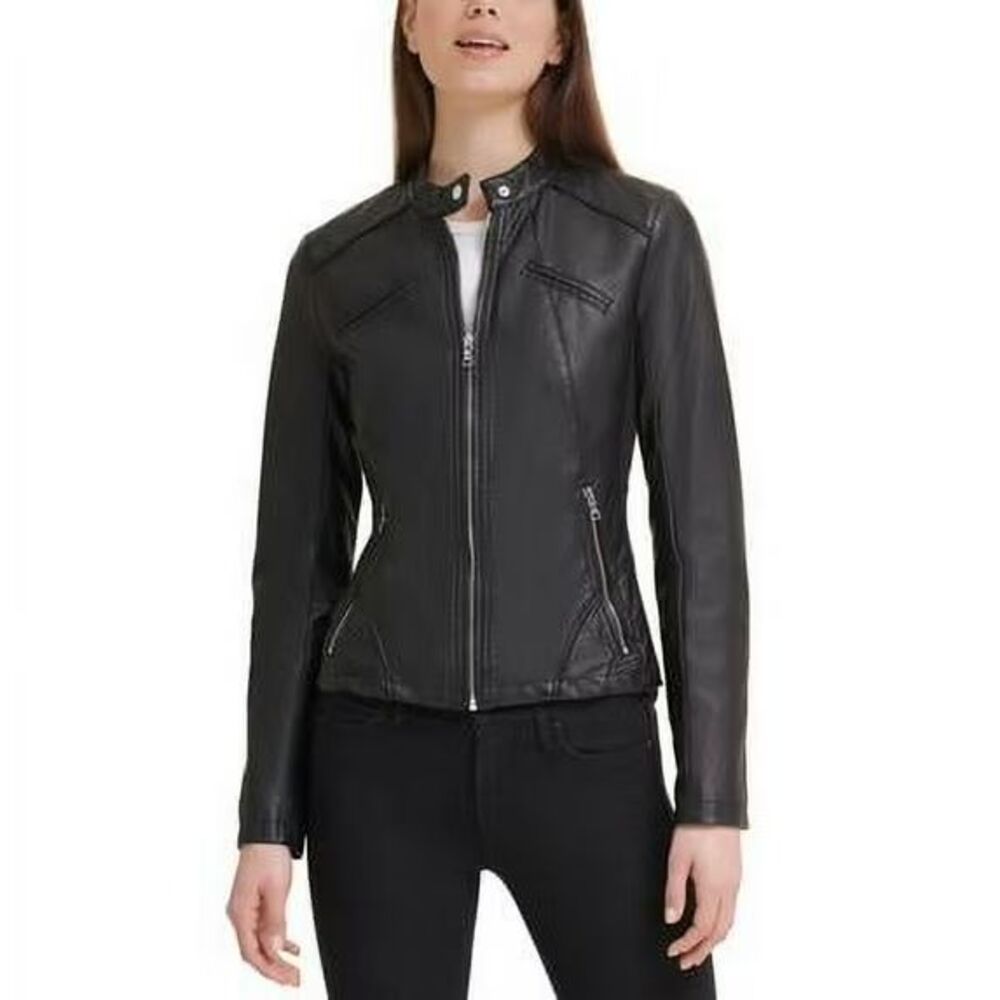 Guess BLACK Women's Band Collar Faux Leather Biker Jacket Size Extra Small XS